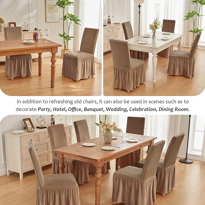 NICEEC Spandex Chair Covers for Dining Chairs Covers Set of 6 Removable Dining Room Chair Covers with Skirt Parson Chair Slipcovers Washable Chair Protector for Kitchen Wedding Party Banquet(Coffee)