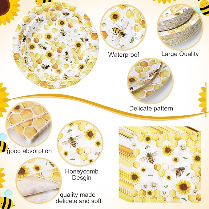 Pickmesh 400 Pcs Bee Sunflower Birthday Party Supplies Include Spring Summer Bee Disposable Paper Plates Napkins Cups Cutlery for Honey Bumble Birthday Baby Shower Party Supplies Serve 50