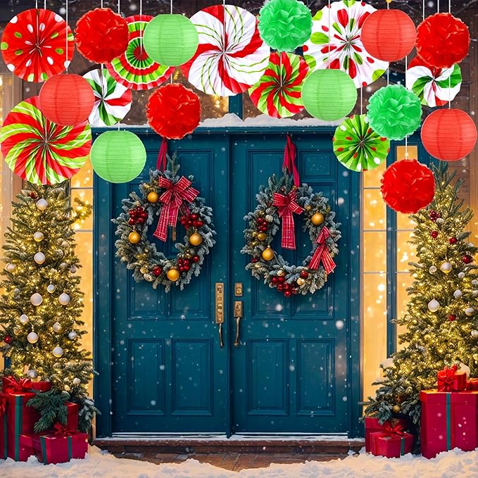 Outus 21 Pcs Christmas Hanging Paper Decorations Candy Peppermint Fans Red and Green Tissue Pom Poms Colorful Paper Lanterns for Christmas Holiday Party Supplies Classroom Ceiling Wall Decor
