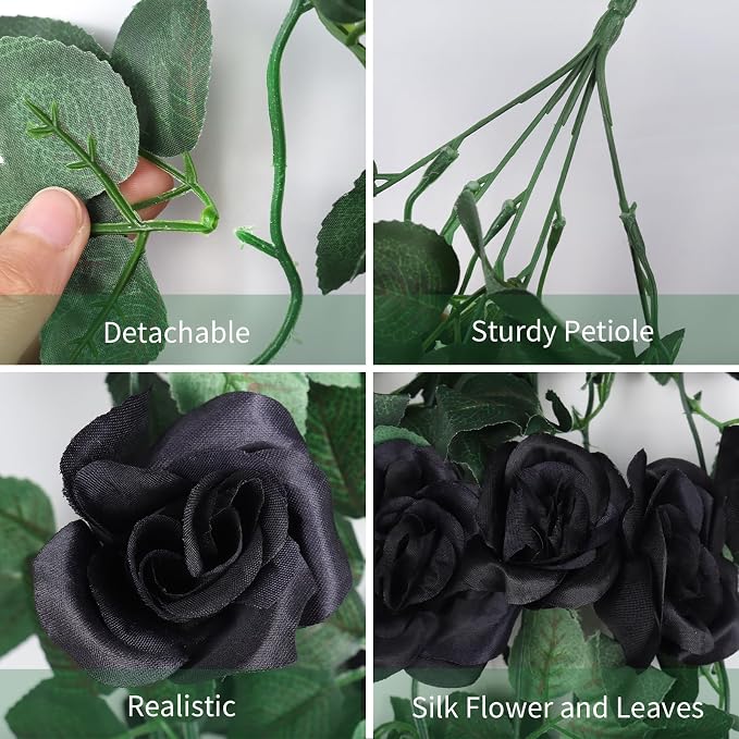 RECUTMS Artificial Black Rose Hanging Flowers Plants, 2PCS 37 Inches Fake Floral Halloween Garlands for Home Front Porch Garden Wedding Backdrop Wall Hanging Victorian Indoor Outdoor Party Decor