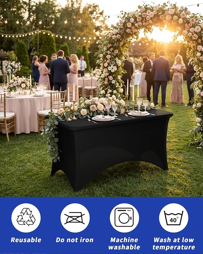 Fixwal Black Stretch Table Cloth Rectangle 2 Pack 4Ft, Spandex Fitted Table Covers Washable for Party, Trade Show, Banquet, Wedding, Buffet