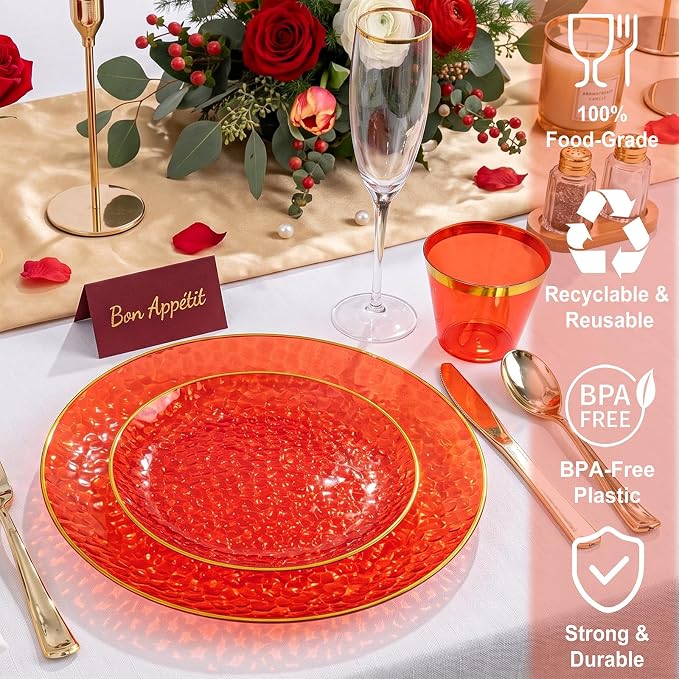 Rubtlamp 700Pcs Red Gold Plastic Dinnerware Set, Hammered Red Gold Plates, Fancy Plastic Plates Include 100 Dinner Platos, 100 Salad Platos, 100 Cups,100 Pack Pre Rolled gold plastic Silverware