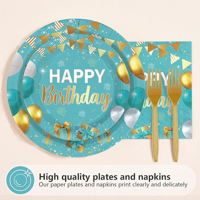 96 Pcs Teal Blue and Gold Birthday Party Supplies Happy Birthday Plates and Napkins Disposable Turquoise Aqua Teal Tableware Set for Men Women birthday Party Decorations Serves 24