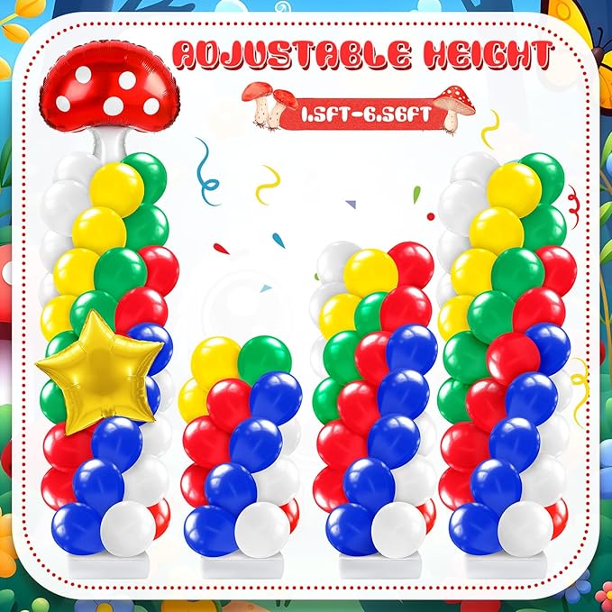 2 Sets Red Blue Green Yellow Balloon Column Stand Kit with Cloud Mushroom Star Coloful Balloons Arch Garland Kit for Cartoon Video Game Theme Birthday Party Supplies