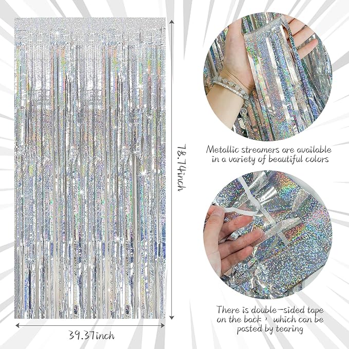 Tinsel Curtain Party Backdrop Silver Birthday Party Decorations 10 Packs Glitter Foil Fringe Curtain Party Decor Streamers Photo Booth for Birthday Christmas Wedding Halloween Graduation Decorations