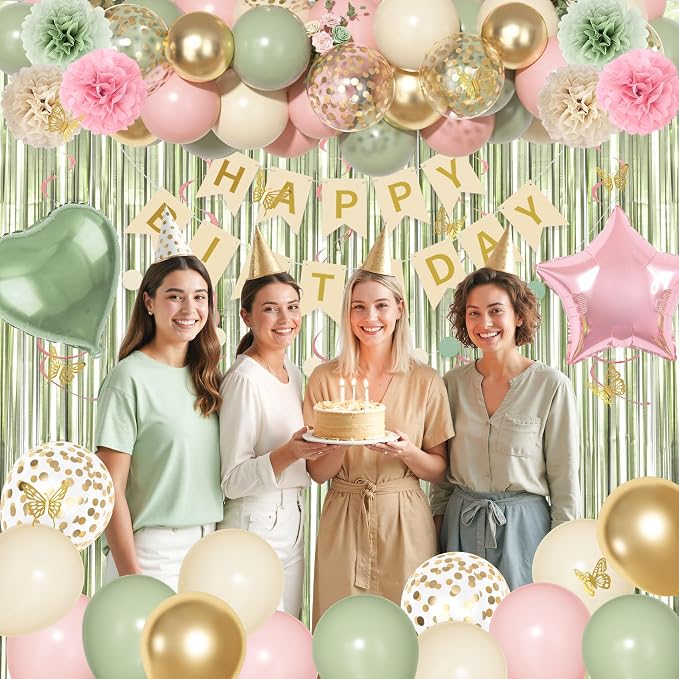 Pink and Green Birthday Decorations, Sage Green Pink Sand White Gold Balloons Happy Birthday Banner Fringe Curtains Butterfly Hanging Swirls Circle Dots Tassels Pompoms for Women Girls Party Supplie