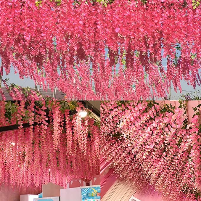 36 Pack Artificial Wisteria Hanging Flowers Fake Wisteria Flower Garland Silk Vines Rattan Decor for Home Wedding Arch Wall Garden Greenery Bedroom Outdoor Office Party Decoration (Dark Pink)