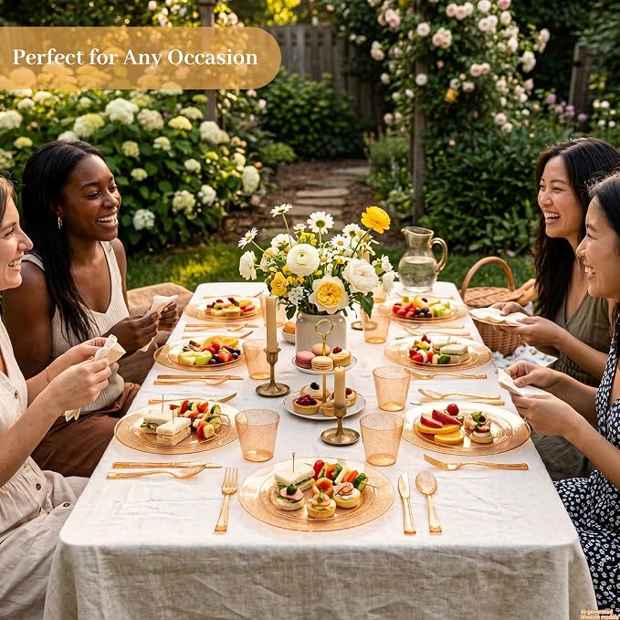 DaYammi 350PCS Orange Glitter Plastic Dinnerware Set for 50 Guests, Fancy Disposable Plates for Party, Include: 50 Dinner Plates, 50 Dessert Plates, 50 Pre Rolled Napkins with Silverware, 50 Cups