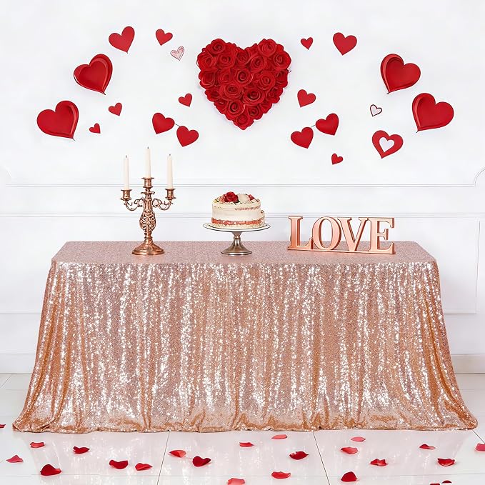 Eternal Beauty Rose Gold Tablecloth, 60x120 Inch Sequin Rectangle Table Cover for Mother's Day Cake Dessert Exhibition Party Birthday Events