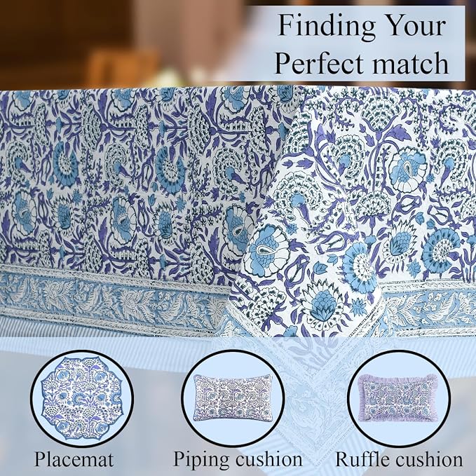 CPC Cotton Tablecloth 80x120 Inch Rectangle Indian Block Print Tablecloth- Blue Washable Wedding Table Cover for Thanksgiving/Christmas- Indigo Blue