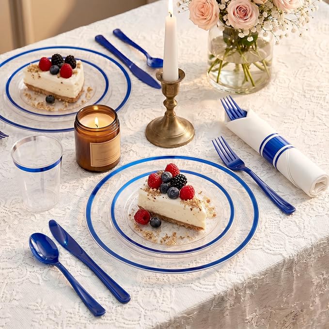 350pcs Plastic Plates for Party Clear & Blue | Disposable Plastic Dinnerware Set for 50 Guests Include 100 Plastic Plates,50 Cups & 50 Pre Rolled Napkins with Cutlery Set