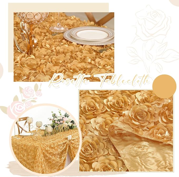 Fanqisi 3D Floral Satin Rectangular Tablecloth 90x132 Inches Gold Rosette Tablecloths for Wedding Party Baby Shower Dinner Table Top Decorations
