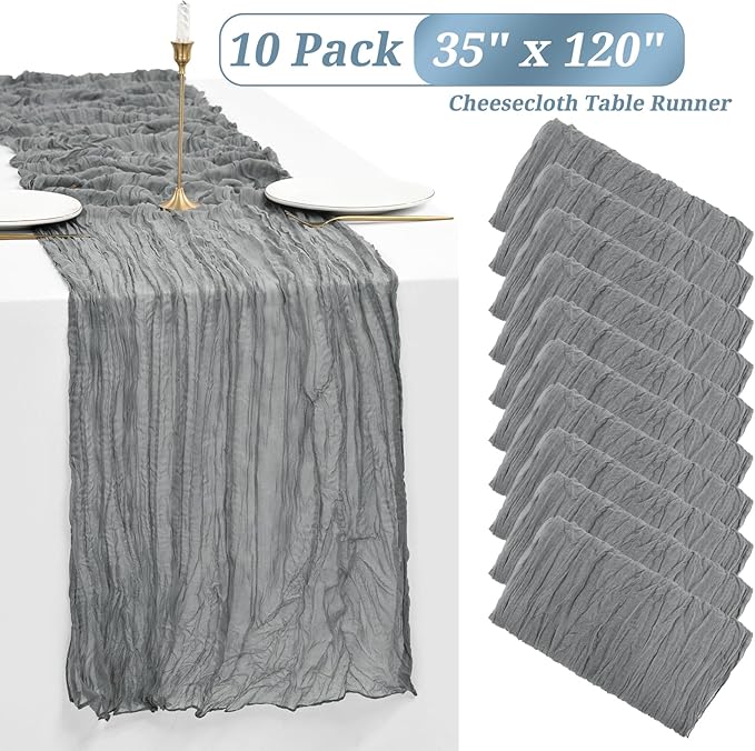 Showgeous 10 Pack Grey Cheesecloth Table Runner Gauze Table Runner 10FT Long Semi-Sheer Table Runner Boho or Rustic Wedding Table Decor for Wedding Decor Arch Draping Bridal Shower Holiday Party