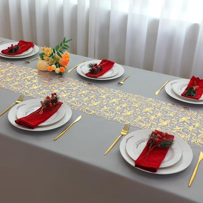 Snowkingdom 2 PCS Gold Table Runner 108 Inches Long, Gold Pinecone Flower Floral Table Decor for Winter Holiday Dining Kitchen Party New Year Home Decorations
