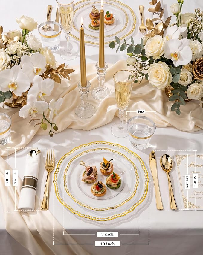 Hioasis 350pcs Clear Gold Plastic Plates - Gold Plastic Dinnerware Set Includes 50 Dinner Plates, 50 Dessert Dinnerware, 50 Cups, 50 Rolled Napkin Cutlery Perfect for Wedding & Party