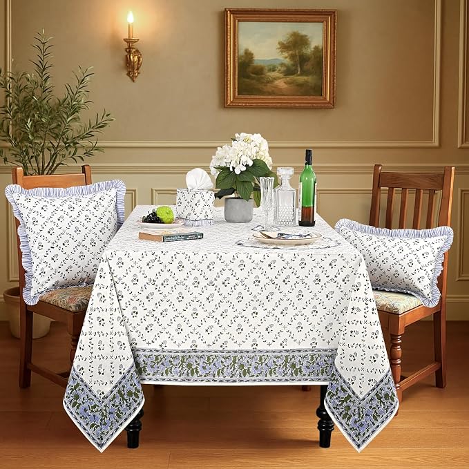 Ridhi Powder Blue Hand Block Print Cotton Rectangle Tablecloth 140" x 72" inches Reusable Table Cover Decorative Everyday Use for Dining Room, Farmhouse, Home Gift for Spring, Mother's Day