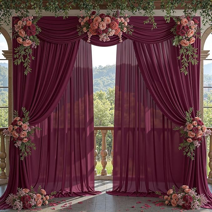 30ft x 10ft Burgundy Backdrop Curtains, Wrinkle-Free Sheer Chiffon Fabric Photo Backdrop Drapes for Wedding Arch Party Ceremony Stage Photography Decorations