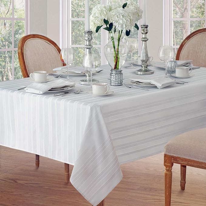 Newbridge 60 x 84 Inch Rectangle White Fabric Tablecloth, Denley Satin Stripe, Heavy Weight No Iron Polyester Holiday Dining & Party Table Cover