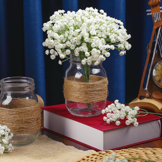 43 Pcs/ 6 Set Babybreath Mason Jar Table Centerpiece Mason Jar Vases Faux Floral with Rope Boho Rustic Flower Table Decoration for Reception Engagement Party Bridal Shower Wedding