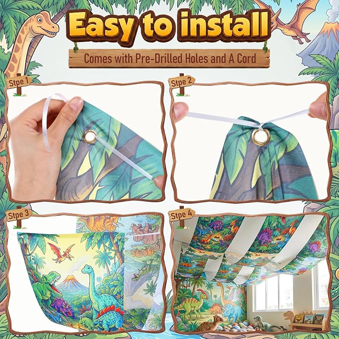 Gilprop 3 Pcs Dinosaur Themed Ceiling Decorations, 2 x 12 ft Hanging Fabric Ornaments, Prehistoric Style Party Supplies for Birthday Baby Shower Classroom Photo Backdrop & Various Events