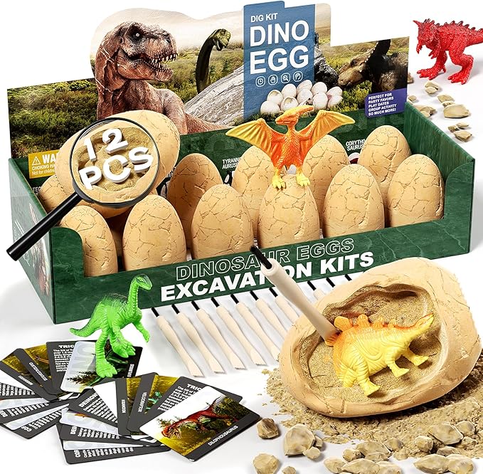 12 Dinosaur Eggs Dig Kit Toys for Kids, Dinosaur Eggs Excavation Kit with Magnifier, Easter Basket Stuffers, Science STEM Birthday Party Favors Gifts for Boys Girls Age 3 4 5 6 7 8 9 10 + Years Old