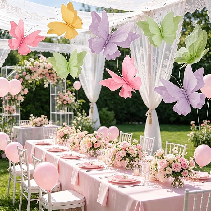 3D Hanging Butterfly Decorations Butterfly Party Decorations 4PCS Pastel Large Paper Butterfly Decorations for Girls Women Wedding Backdrop Birthday Flower Garden Party Decor