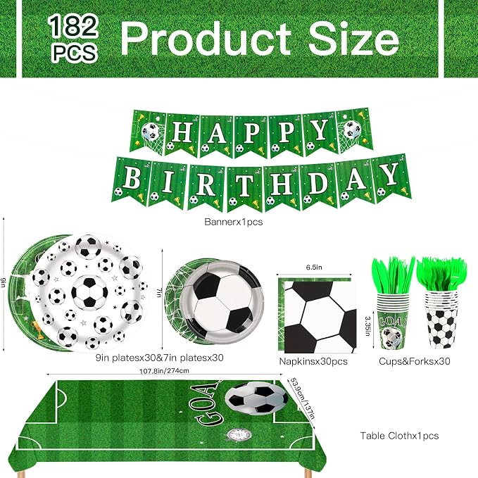 182Pcs Soccer Birthday Party Decorations,Soccer Plates and Napkins Tableware Set for Sports Soccer Theme Party Supplies, Serve 30
