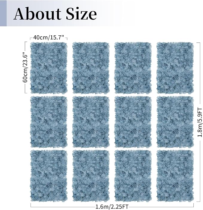 BLOSMON Flower Wall Panel Backdrop - 12 Pcs 24 x 16 Inch Dusty Blue Artificial Hydrangea Floral Backdrop for Wedding Party Baby Bridal Shower Decor, Hanging Fake Silk Hydrangea Wall DIY Decoration