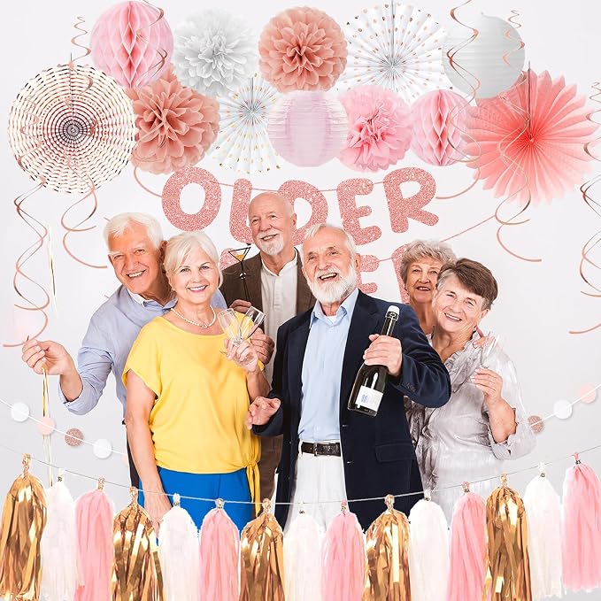 Roetyce Birthday Party Decorations, Rose Gold Glitter Older Wiser Hotter Banner Photo Background for Women, Funny Happy Birthday Backdrop Decor, Pink 30th 40th 50th 60th 70th 80th Party Supplies