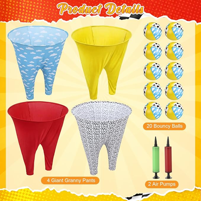 26 Pcs Granny Pants Outdoor Game Set, 4 Giant Pants with 20 Bouncy Balls & 2 Pumps Yard Funny Toss Relay Backyard Game for Adults Family Beach Party Favor