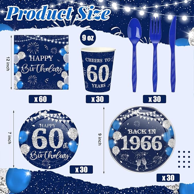 240 Pcs 60th Birthday Decorations 1966 Birthday Party Tableware Include Plates Napkins 9oz Cups Cutlery 60th Anniversary Party Supplies for Men Women Him Her, Serve 30 Guests (Blue Silver)