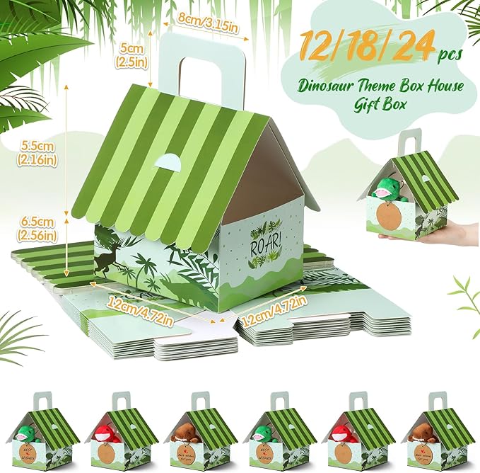Spakon 100 Pcs Adopt a Dinosaur Party Favors for Boys and Girls Includes 24 Sets Mini Dinosaur Stuffed Animals Plush Keychains Gift Box House Stickers for Birthday Party Favor