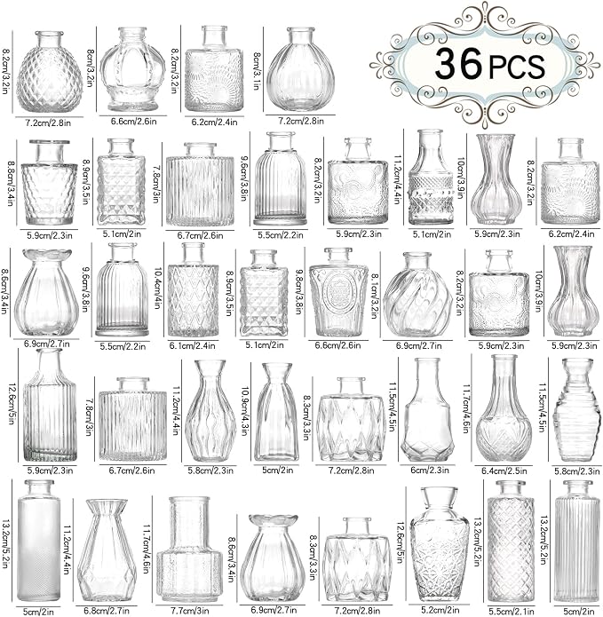 Bud Vases Set of 36,Small Vases for Centerpieces, Glass Bud Vase in Bulk, Mini Vintage Flowers Vase for Wedding, Home Table Decor,Christmas,Party Decoration,Clear