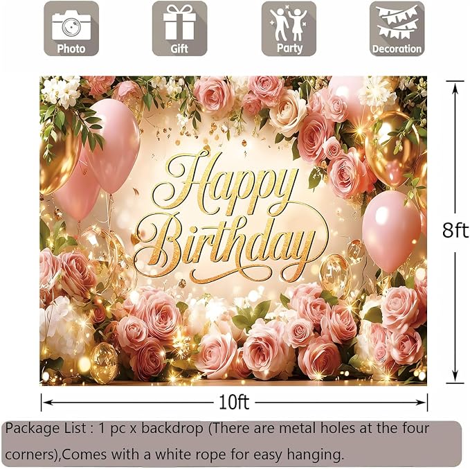 Happy Birthday Backdrop Banner for Women Girls Princess Pink Floral Flower Wall Rose Gold Balloon Party Decorations Photography Background Supplies Decor Fabric Photo Booth Props 10x8ft