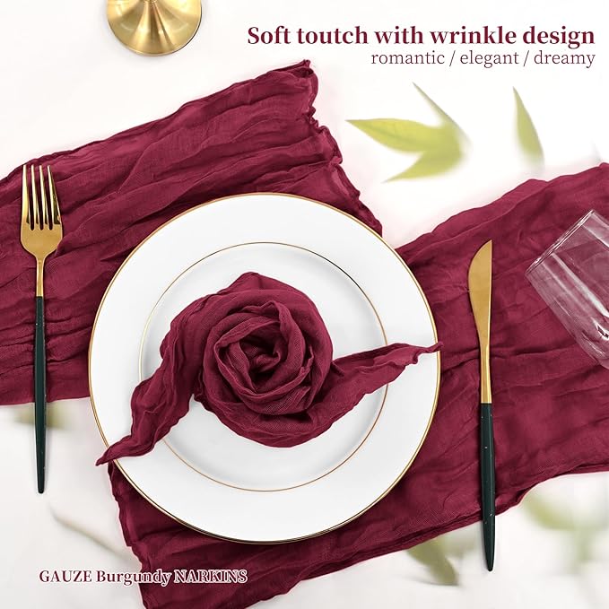 60 PCS Burgundy Gauze Cheesecloth Napkins,20x20 Inch Gauze Napkin Rustic Wrinkled Cheesecloth Napkin Bulk Washable Dinner Table Napkins for Wedding Party Bridal Shower Baby Shower Events Decor