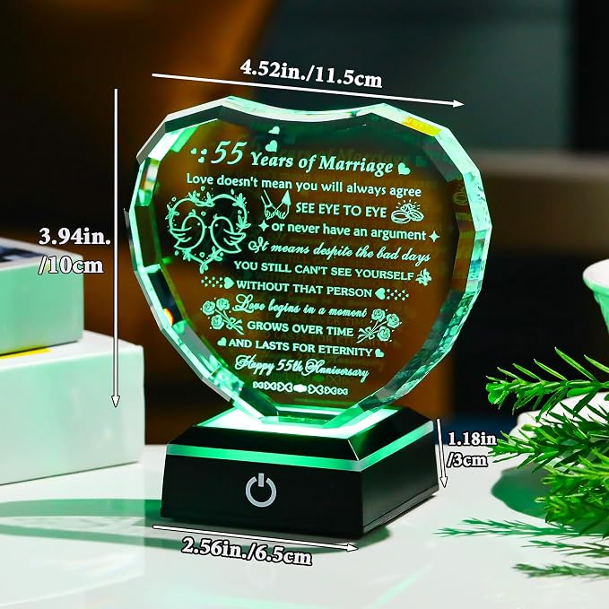 Arikyrist 55th Wedding Anniversary Crystal Heart Gifts for Couple, Laser Engraved 55 Year Anniversary Crystal Gifts for Wife Husband Parents, Romantic 55 Years of Marriage Gift for Him Her Friends
