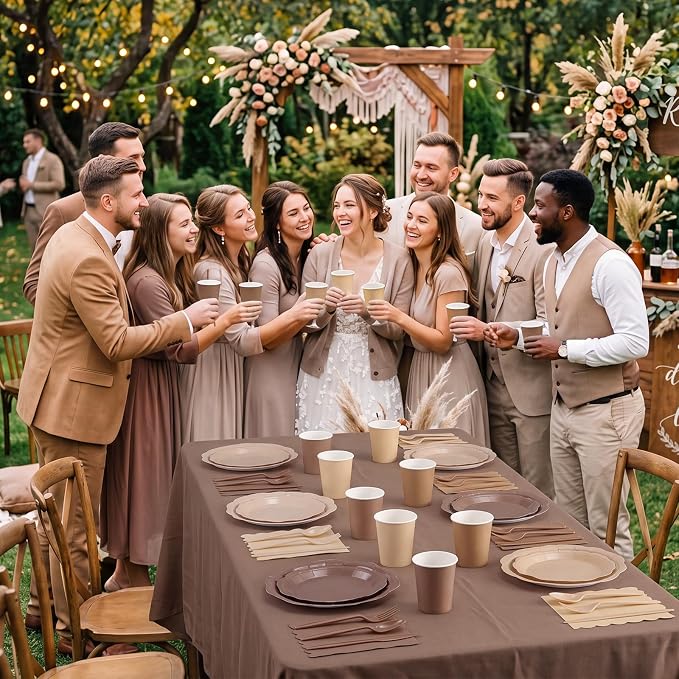 Ceenna 390 Pcs Brown Party Decoration for 48 Guests, Gradient Brown Beige Paper Plates Napkins Cups Tablecloth Cutlery Disposable Tableware Set for Boho Birthday Baby Shower Wedding Party Supply