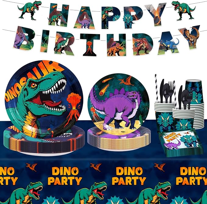 202 Pcs Dinosaur Birthday Party Supplies for 25 Guests – Complete Dino Tableware Set with Plates, Cups, Napkins, Cutlery, Straws & Tablecloth plus Bonus Checkers Game Party Decorations