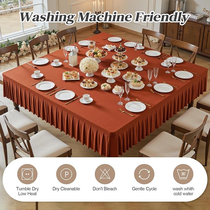Wish Care Rust Spandex Tablecloths for 48x48 Inch Square Tables, Stretch Fitted Table Clothes with Pleated Ruffle Skirt for 48” Table, Wrinkle Free and Elastic, for Party Kitchen Home Dining