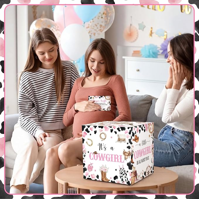 Teling 51 Pieces Diaper Raffle Tickets with Card Box Baby Shower Decorations Gender Reveal Holder Box for Girl Boy Diaper Raffle Party (A Little Cowgirl is on the Way)