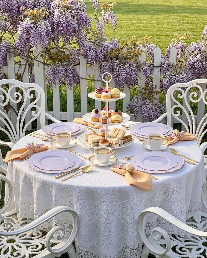 bUCLA 180PCS Purple Plastic Plates - Disposable Purple with Gold Rim, Include 30 Each (Dinner & Salad) Plates, 30 Knives, 30 Forks, 30 Spoons, 30Cups for Party, Shower & Birthday