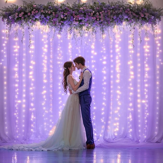Sheer Curtains with Lights String Purple Tulle Curtain for Living Room Bedroom Parites Wedding Birthday Decorations 2 Panels 60" Wｘ96 L