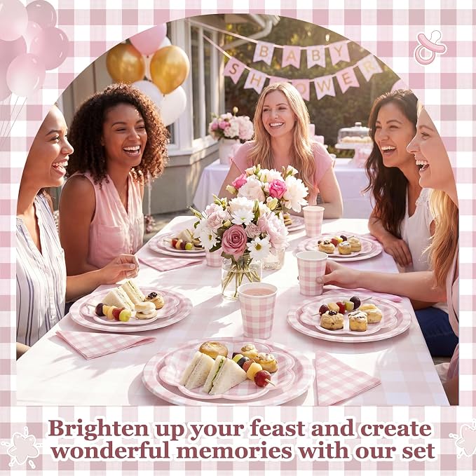 Funnymoom 250 Pcs Pink Gingham Paper Plates and Napkins Party Supplies Pink White Checkered Disposable Plaid Tableware Set Scalloped Dessert Plates for Wedding Bridal Shower Picnic Party Decorations