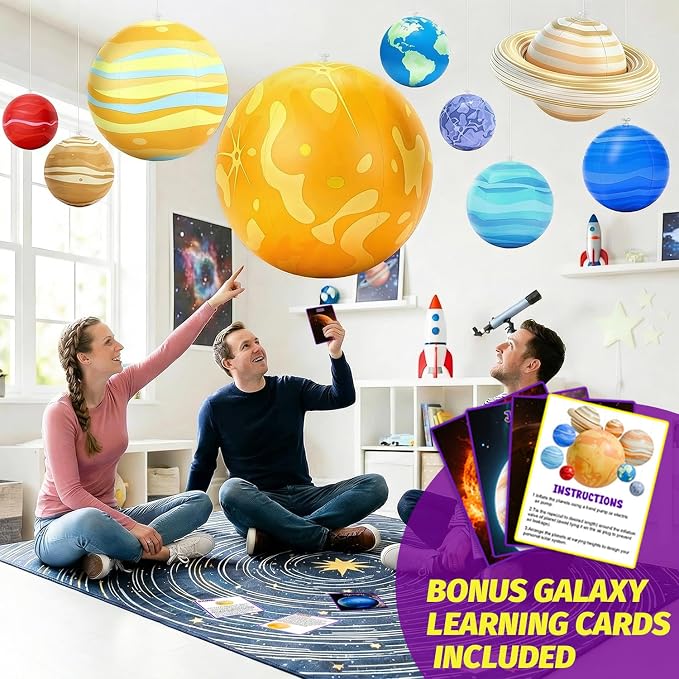 Inflatable Solar System Planets with LED Lights, 9 Hanging Planets with Remote Control, Space Themed Classroom Decor, Kids Room Decoration, Astronomy Science Display, Birthday Party Supplies