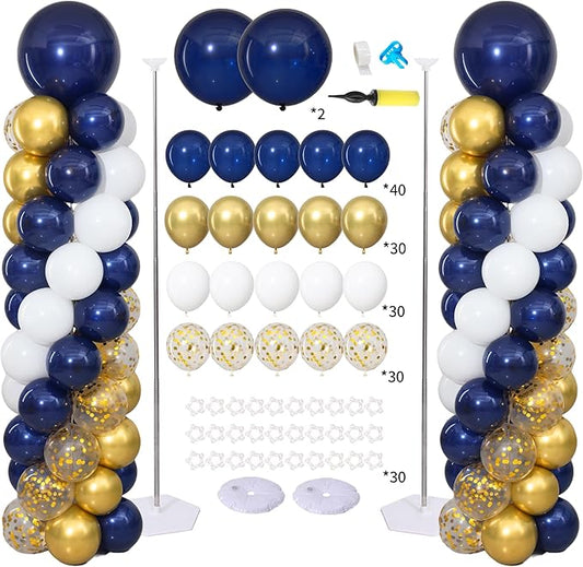 Navy Blue and Gold Balloon Column Stand Kit Set of 2 for Floor, Navy Blue Gold White Confetti Balloons Arch Kit Balloon Towers for Graduation Retirement Birthday Party Decorations