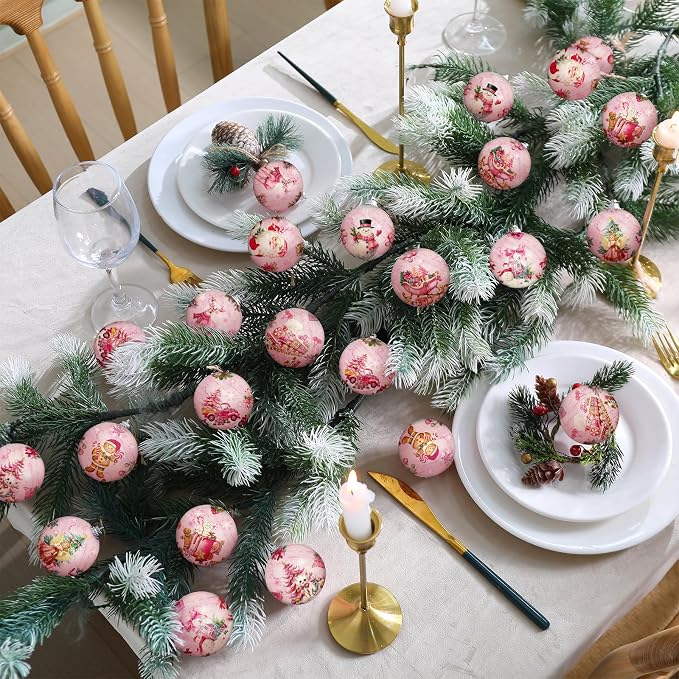 Outus 24 Pcs Christmas Tree Ornaments Ball Vintage Pink Christmas Decorations for Tree Vintage Style Santa Claus Snowman Hanging Ornaments Farmhouse Home Fireplace Decoration Holiday Party Favors
