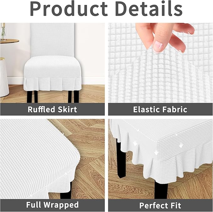 Easy-Going Dining Chair Covers Stretch Parsons Chair Slipcover with Skirt Chair Covers for Dining Room Restaurant Banquet (4 PCS, White)