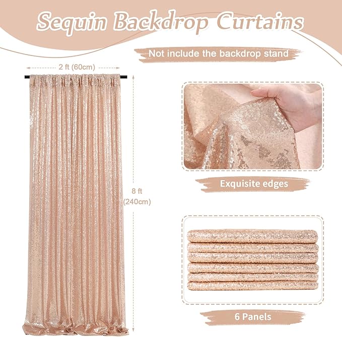 Rose Gold Sequin Backdrop Curtain 6 Pcs 2ftx8ft Wedding Party Backdrop Silver Sparkly Fabric Curtains for Wedding Christmas Party Decor