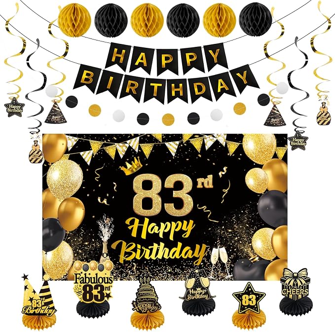 Happy 83rd Birthday Party Decoration: Including Birthday Banner Backdrop, Party Table Centerpieces and Hanging Swirl Party Streamers, Birthday Decor for Men and Women (Gold/Black, 83rd Birthday)