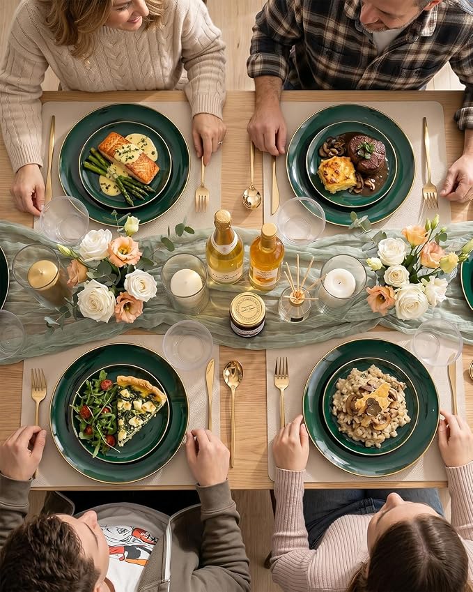 bUCLA 150PCS Green Plastic Plates - Green and Gold Disposable Include 25 Each (Dinner & Dessert) Plates, 25 Knives, 25 Forks, 25 Spoons and 25 Cups, Ideal for Party&Christmas